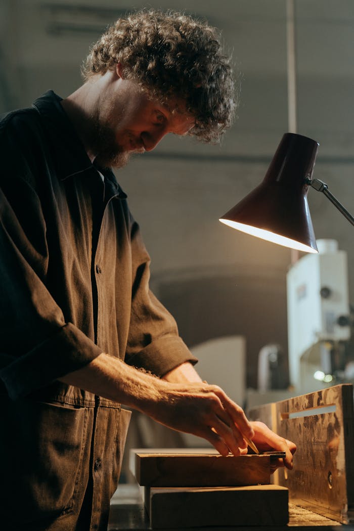 A craftsman focuses intently on woodworking under warm lamp light, showcasing his craft.
